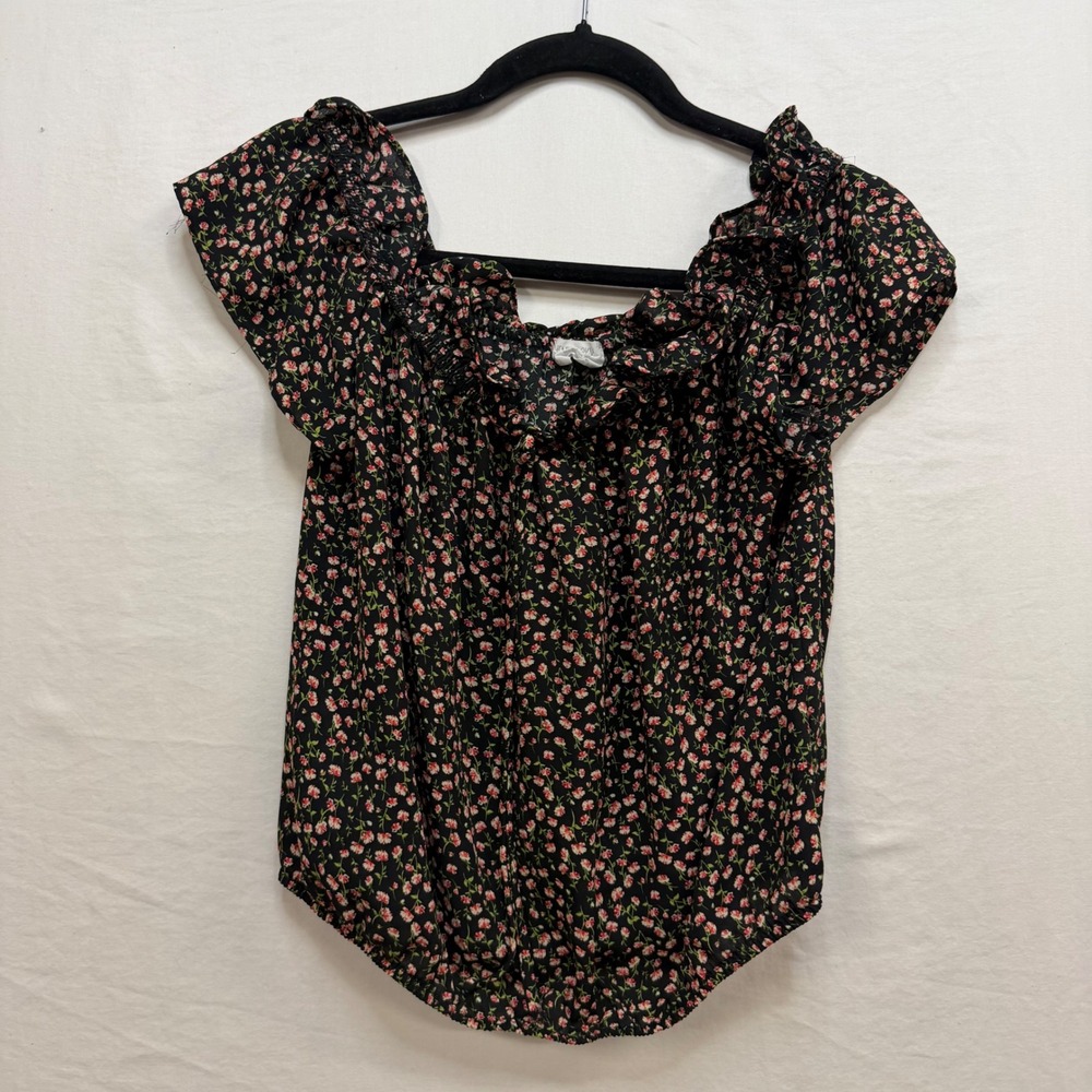 Jenna Sky Black Floral Ruffle Off Shoulder Blouse Ditsy Print Top Womens Medium